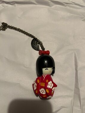 Kokeshi Doll Pendant Necklace - Red Floral Kimono